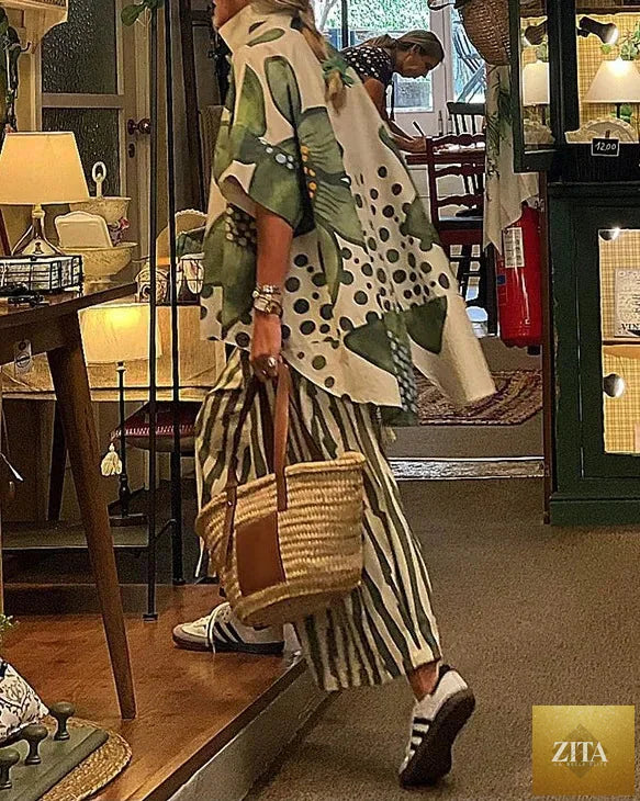 2 Piece Sets Women Summer Print Loungewear Long Pants Sets Vintage