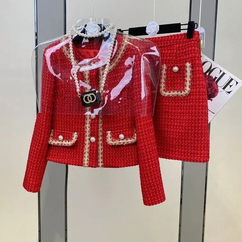 Women Elegant Winter Tweed Fragrant Suit Jacket Coat Top & Skirt Two Piece Set