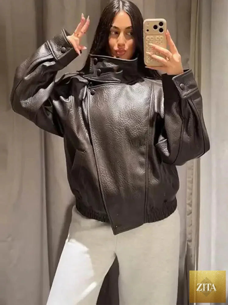2026 Autumn Women's Faux Leather Jacket Brown Black Long Sleeve Stand Collar Thick Loose Lady Coat Fashion Motorcycle Streetwear