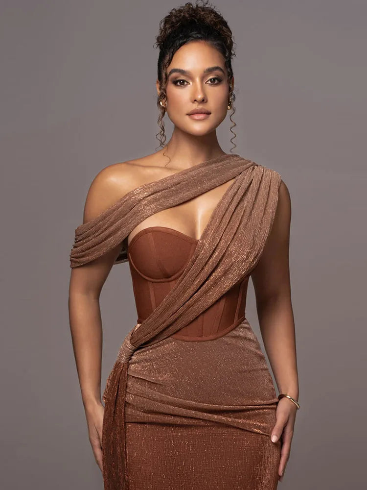 Brown one-shoulder glitter evening gown with draped design, backless bodycon fit, perfect for parties and formal events.