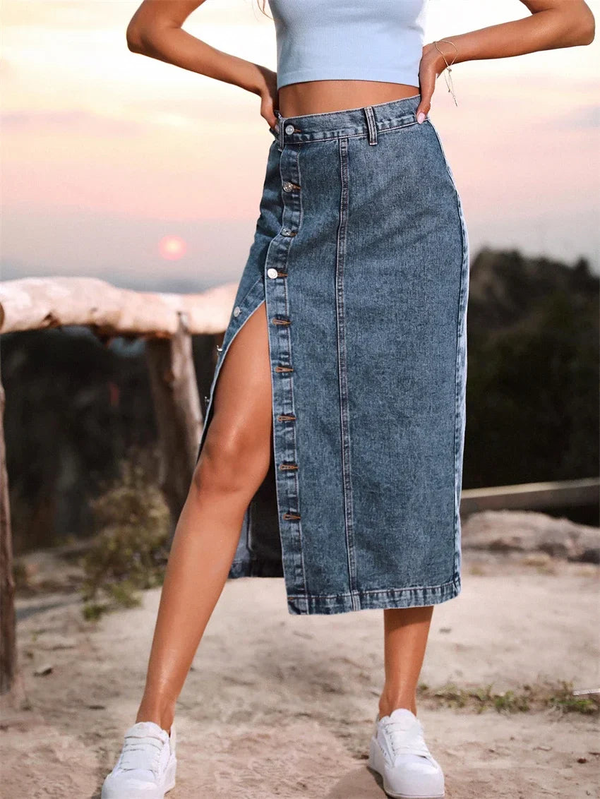 Women Denim Jean Maxi Skirt Side Split