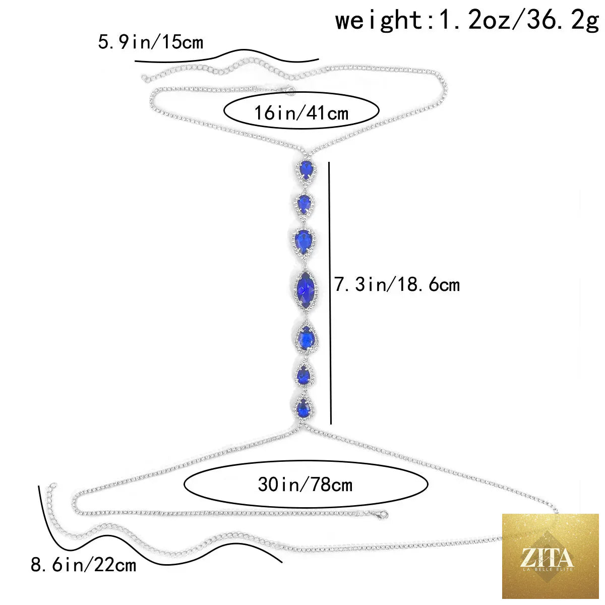 Blue droplet fashion body chain for women, summer party chest jewelry, beach accessories, stylish women's body chain.