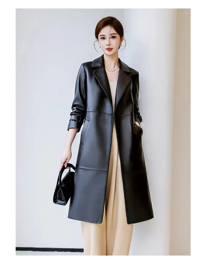 Women's Genuine Leather Trench Coat Lace-Up Long Slim Fit Spring Autumn Sheepskin Top ZITA LA BELLE ÉLITE