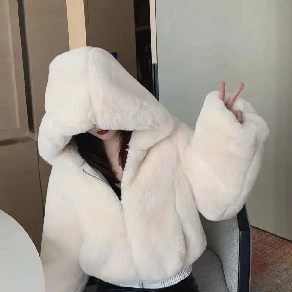 Luxury Short Faux Rabbit Fur Coat Women Crop Top Winter Thicken Warm Clothing Small Furry Hooded Faux Fur Jacket Fluffy Jackets ZITA LA BELLE ÉLITE