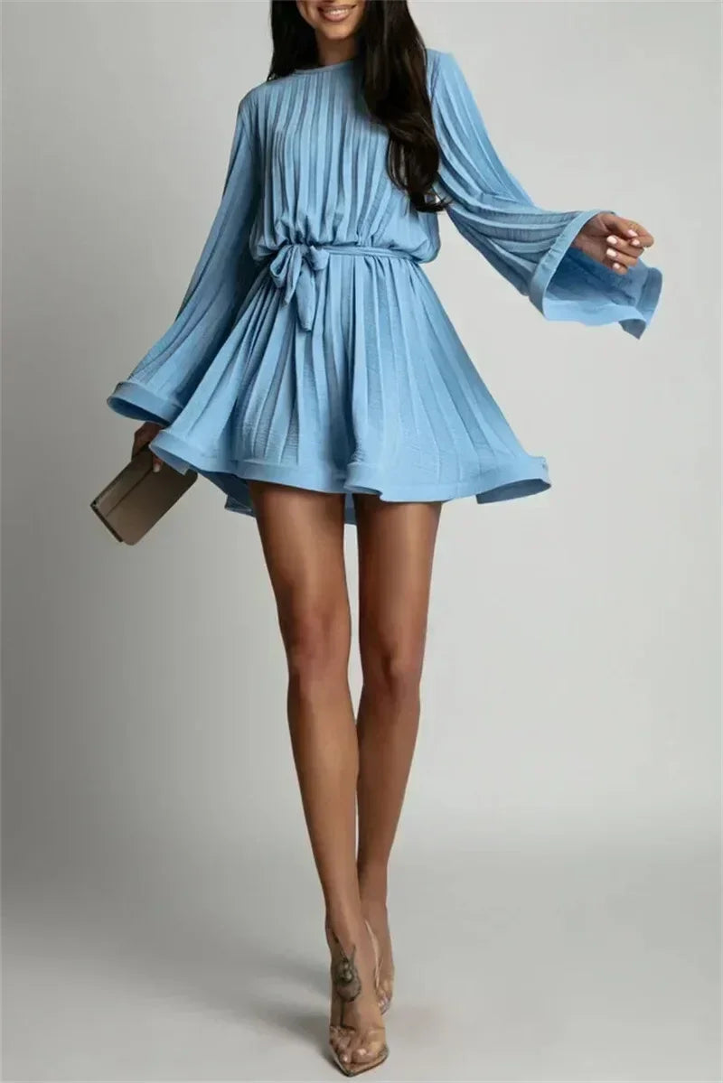 Femstylo 2025 elegant pleated mini dress with flared sleeves and lace-up design, perfect for summer occasions.