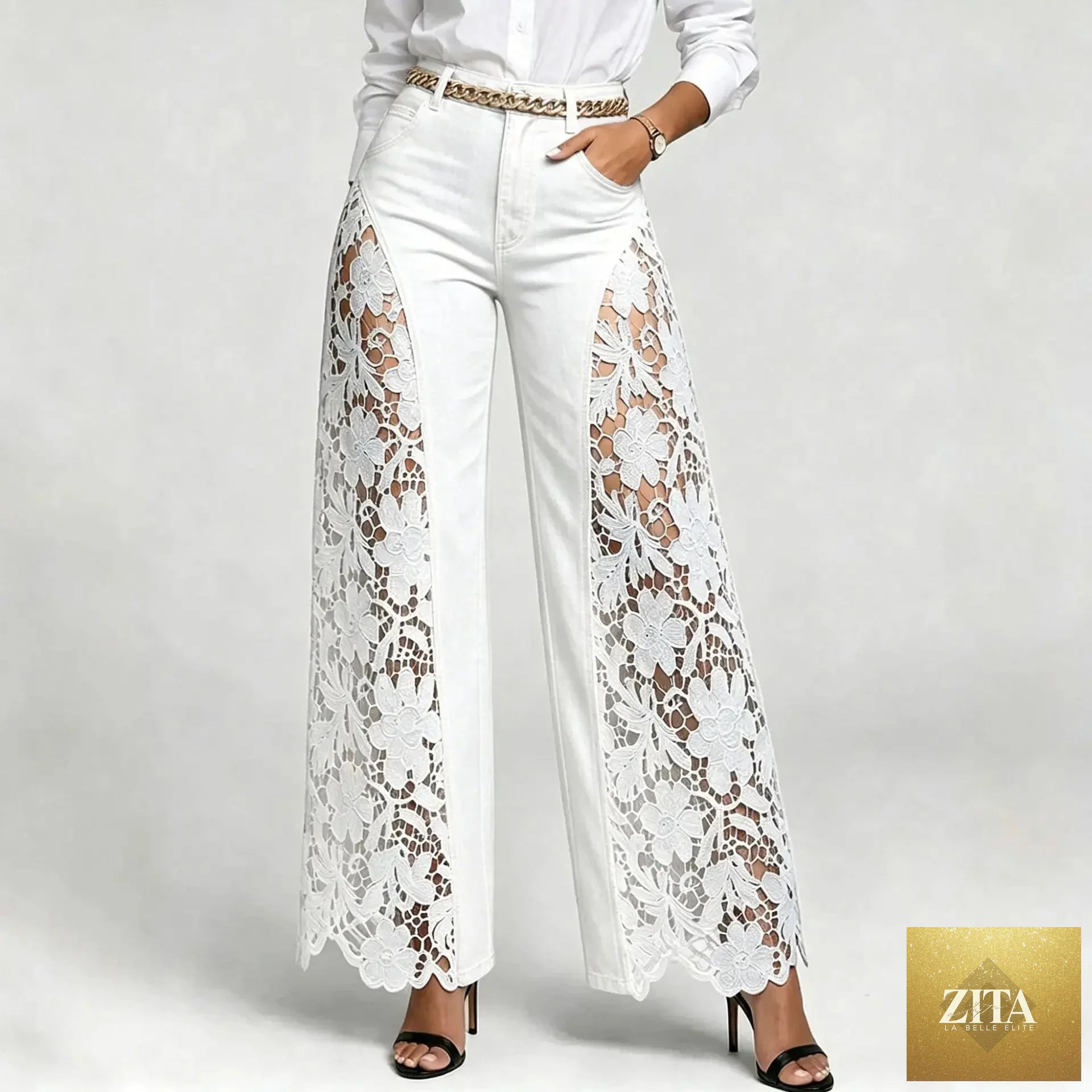 Women high waist lace spliced wide-leg denim jeans by FLIPSTYLEZLLC, showcasing flowy, loose fit casual trousers with lace details.