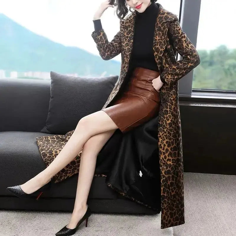 High End Fashion Leopard Coat Women Spring Autumn Korean Slim Long Trench Coat Female Windbreaker With Belt Mother Outwear 4XL ZITA LA BELLE ÉLITE