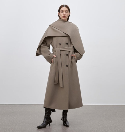 "Assassin's Creed" removable scarf collar, woolen coat for women, Brown Coeus