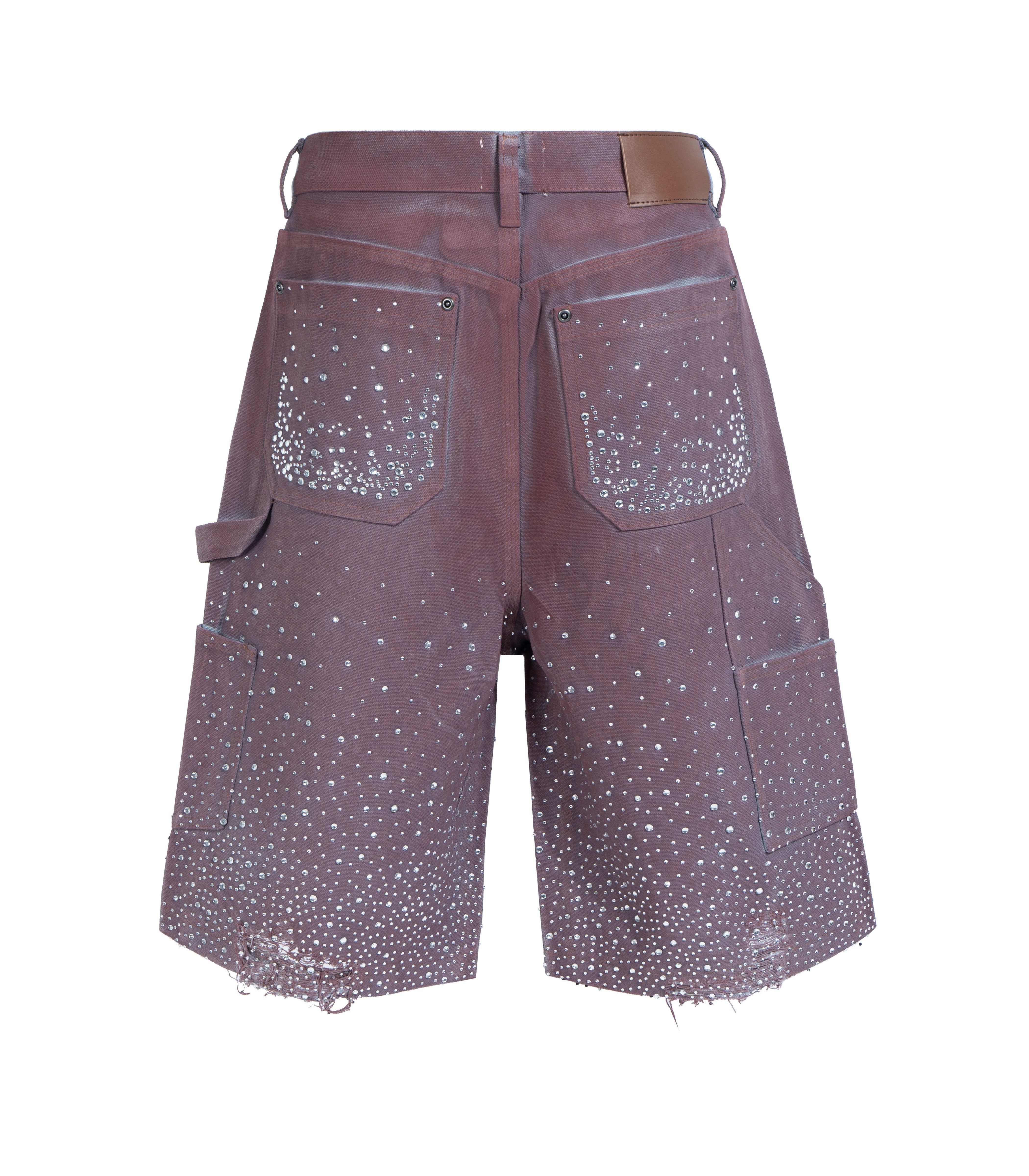 Undeveloped plum rhinestone shorts, stylish and shiny, with a close-up view of the glittering rhinestone details.