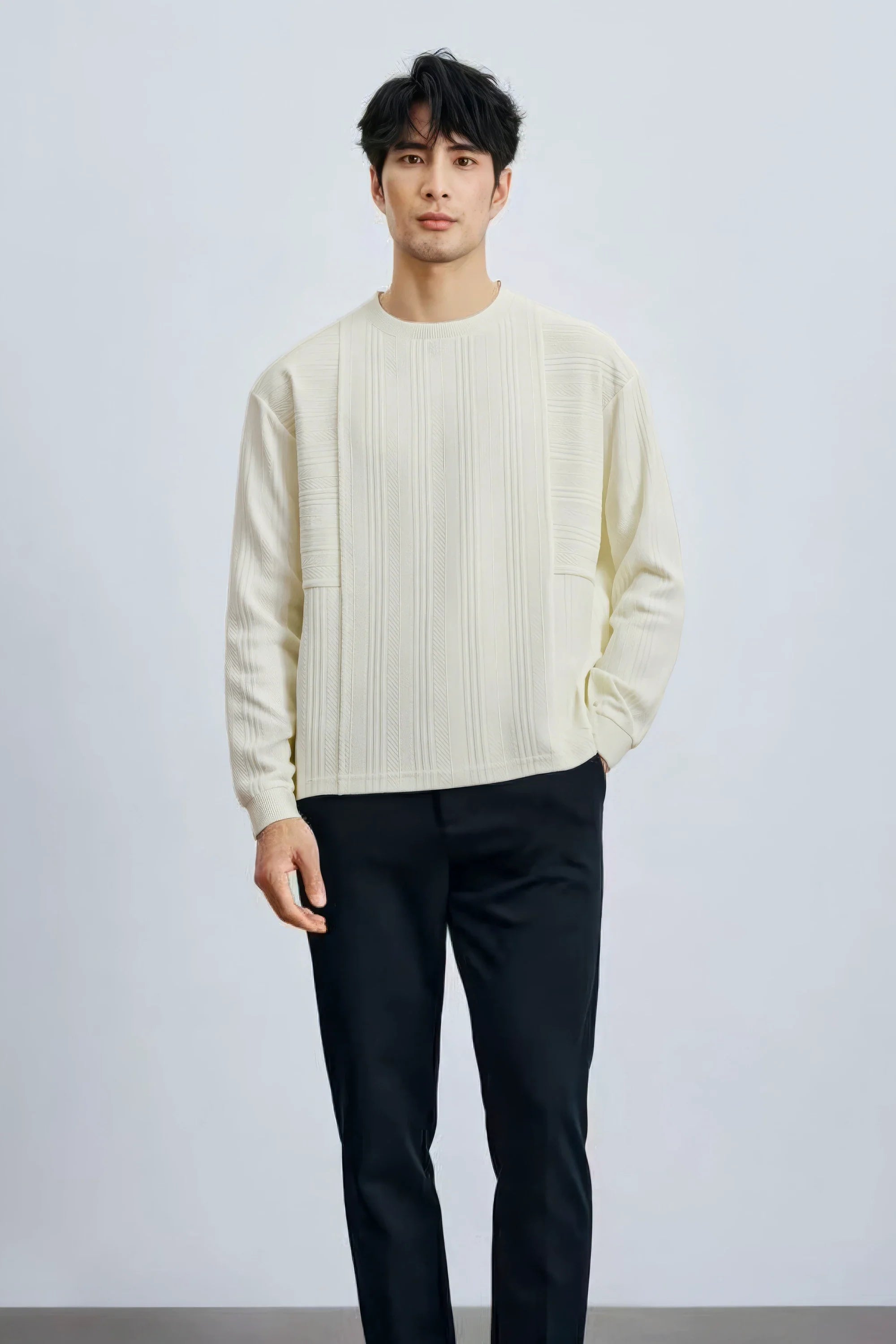 Men's long sleeve knit sweater with textured pattern from 4inme, showcasing a cozy, stylish pullover in natural fabric.