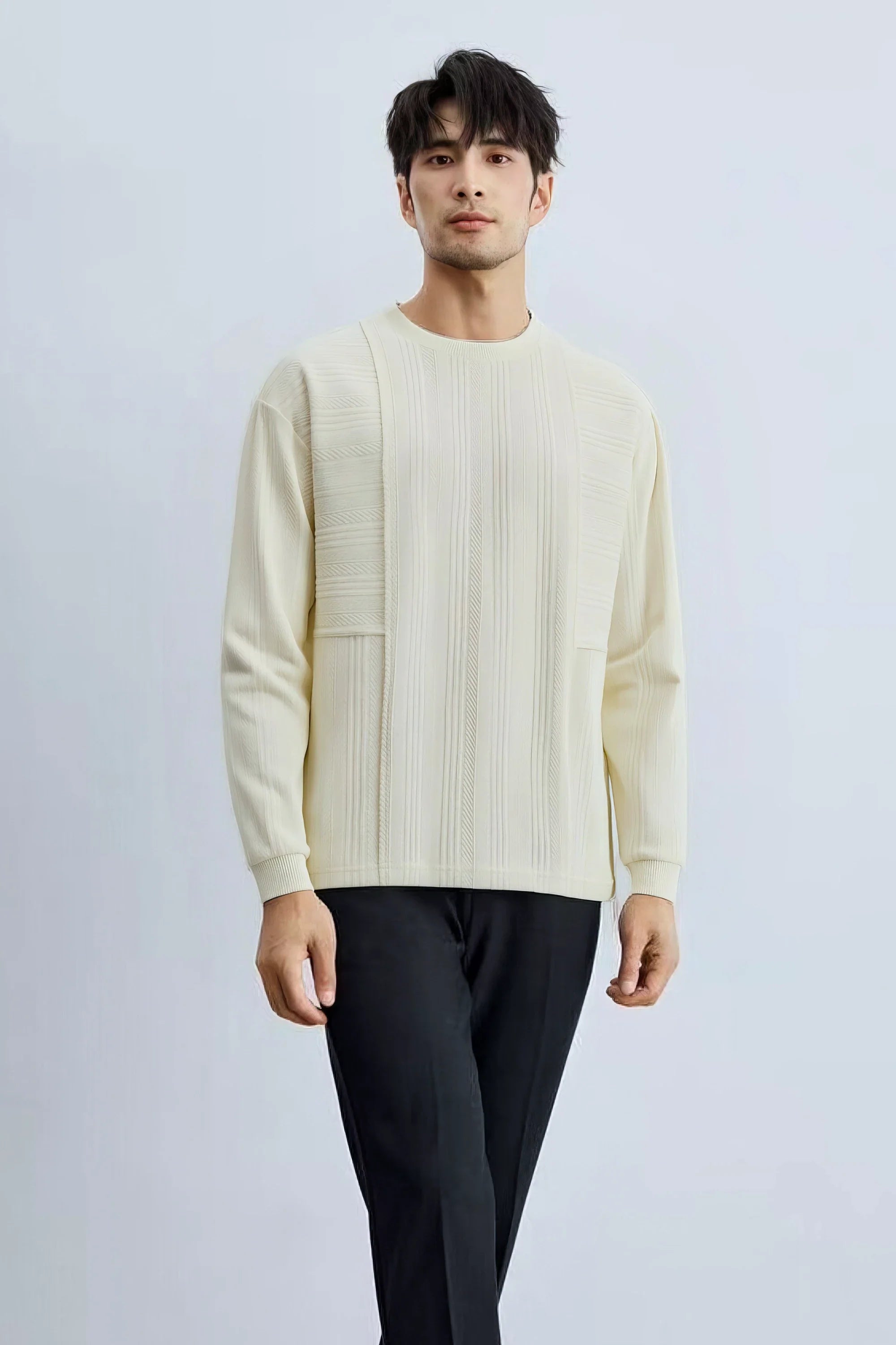 Men's long sleeve knit sweater with textured pattern from 4inme, featuring a cozy, stylish design in a classic pullover style.