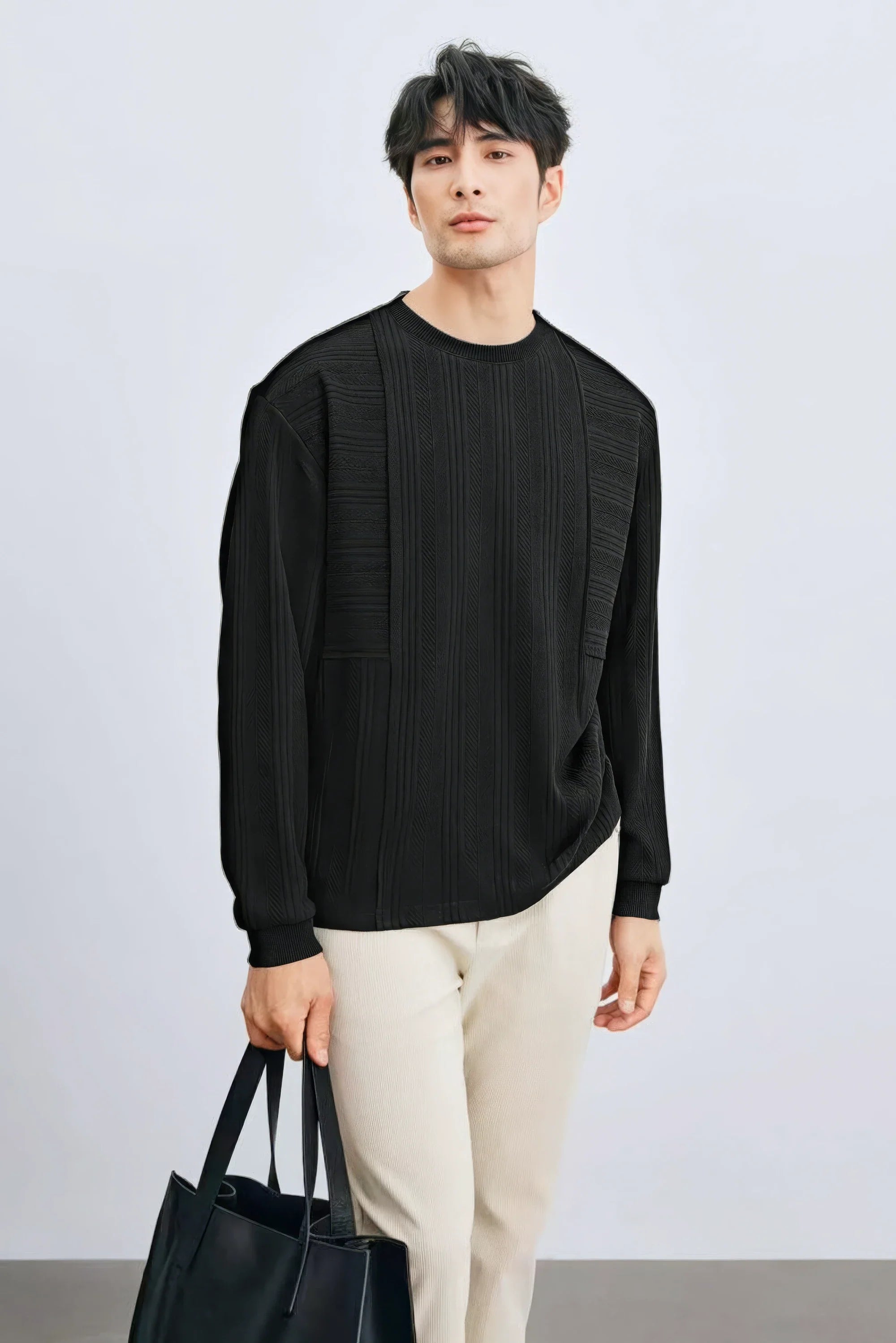 Men's long sleeve knit sweater with textured pattern by 4inme, showing the detailed woven design and classic fit.