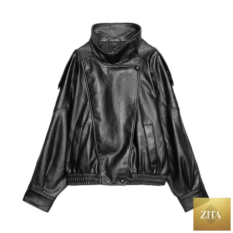 2026 Autumn Women's Faux Leather Jacket Brown Black Long Sleeve Stand Collar Thick Loose Lady Coat Fashion Motorcycle Streetwear