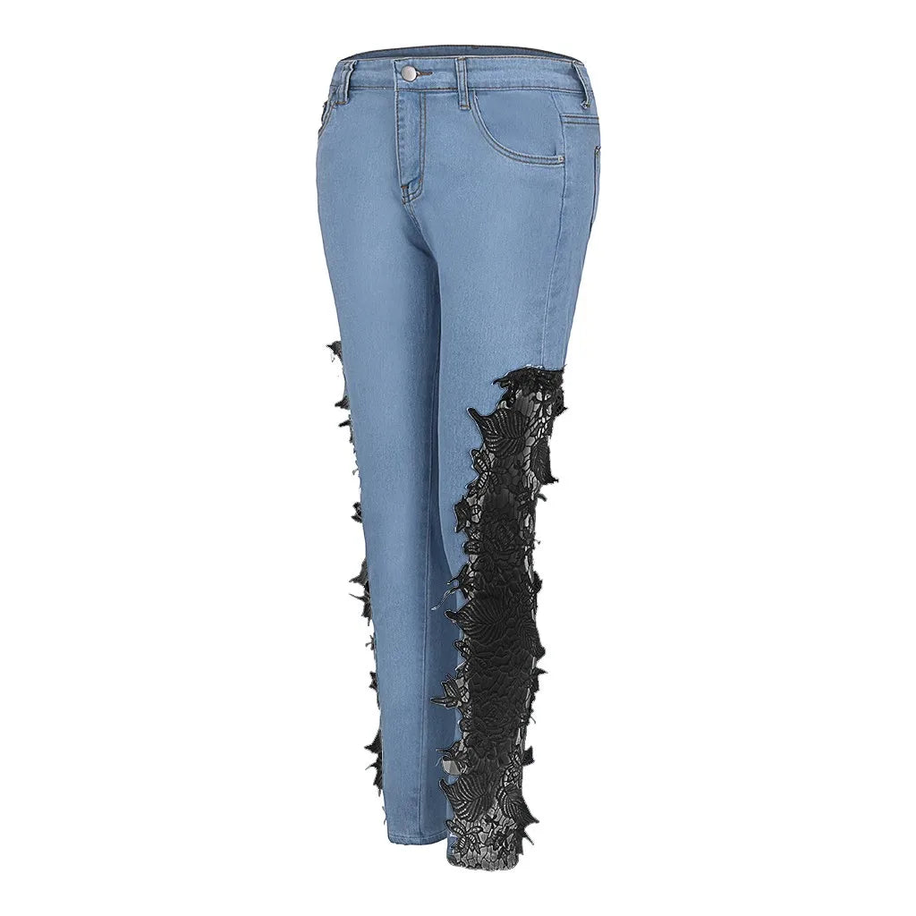 Hollow out floral lace low waist slim pencil denim jeans for women, with lifted buttock design, large size, by FLIPSTYLEZLLC.