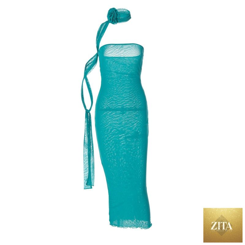 Mesh Flower Scarf Strapless Solid Elegant Sexy Bodycon Midi Prom Dress