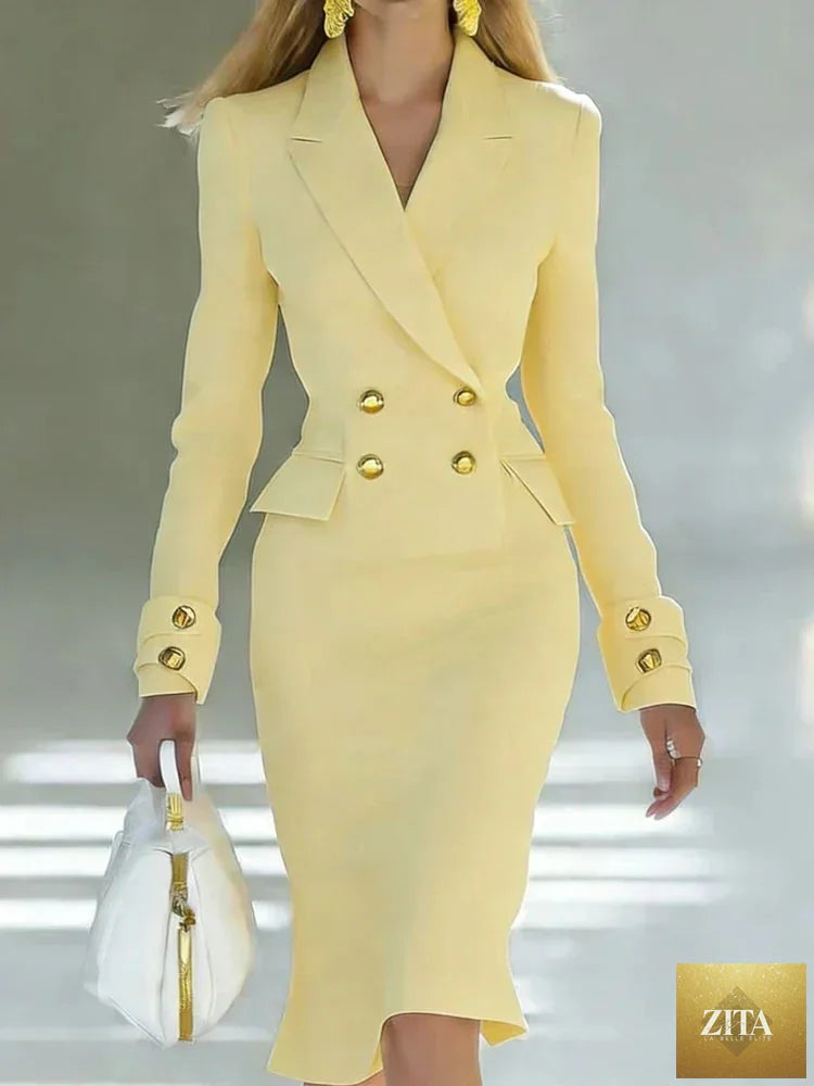 Women elegant blazer dress by Nurse Nook Clothes L.L.C., featuring a double-breasted design, long sleeves, suitable for office and formal occasions.