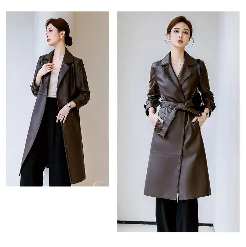 Women's Genuine Leather Trench Coat Lace-Up Long Slim Fit Spring Autumn Sheepskin Top ZITA LA BELLE ÉLITE