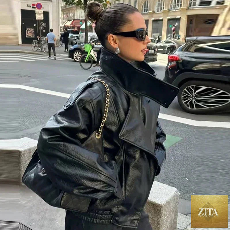 HXAO Faux Leather Black Jackets For Woman New Arrival Cropped Oversize Bomber Jacket Zip-Up Long Sleeve Coats Motorcycle Jackets
