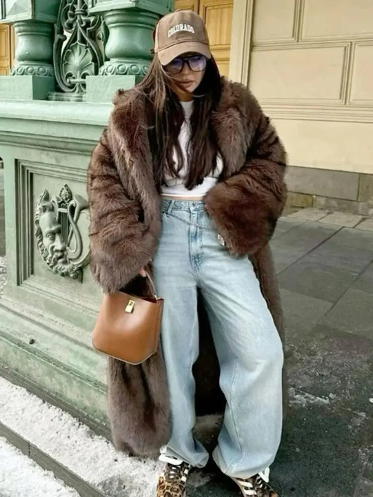 ZADORIN 120cm Super Long Luxury Winter Brown Faux Fur Coat Woman Elegant Belted Lapel Thick Fluffy Fur Jacket High Quality Coats ZITA LA BELLE ÉLITE