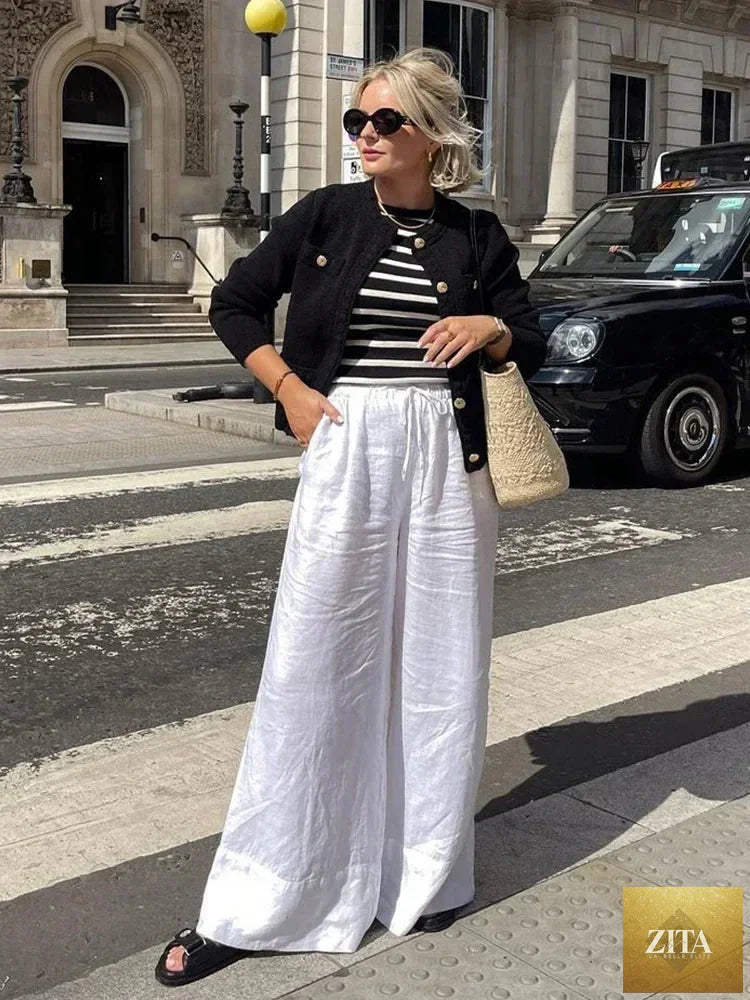 Ladyez women's white cotton linen long pants with wide legs, elastic waist, and sash for spring and summer casual wear.