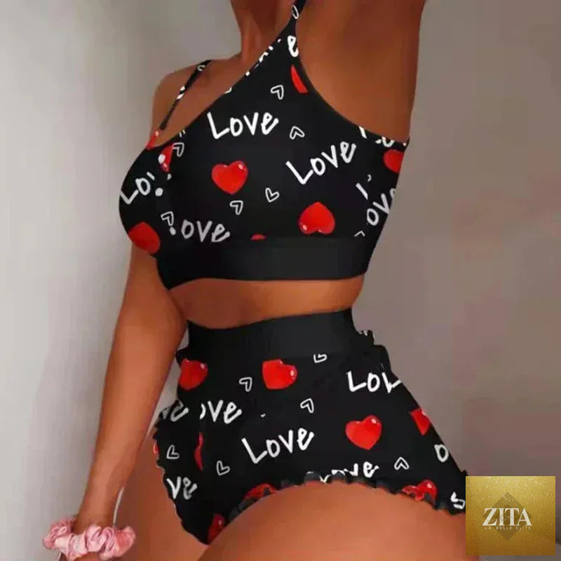 Summer 2-Piece Pajama Set Women Sleepwear Sexy Lingerie Love Printed Lace Sling Crop Tops and Shorts Loungewear Pijamas