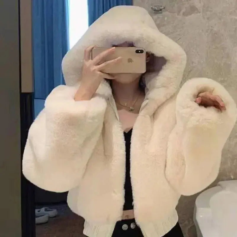 Luxury Short Faux Rabbit Fur Coat Women Crop Top Winter Thicken Warm Clothing Small Furry Hooded Faux Fur Jacket Fluffy Jackets ZITA LA BELLE ÉLITE