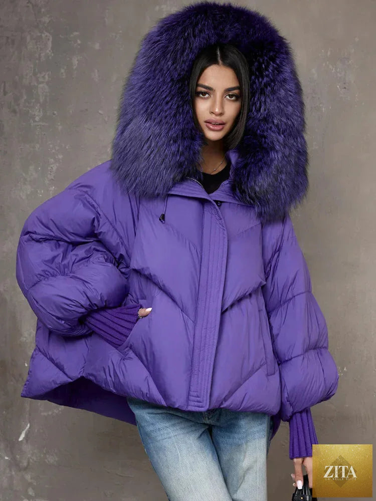 Women Winter Goose Down Jackets Real Fox Fur Collar Hooded Thick Natural Raccoon Fur Female Outwear Warm Loose Puffer Coats