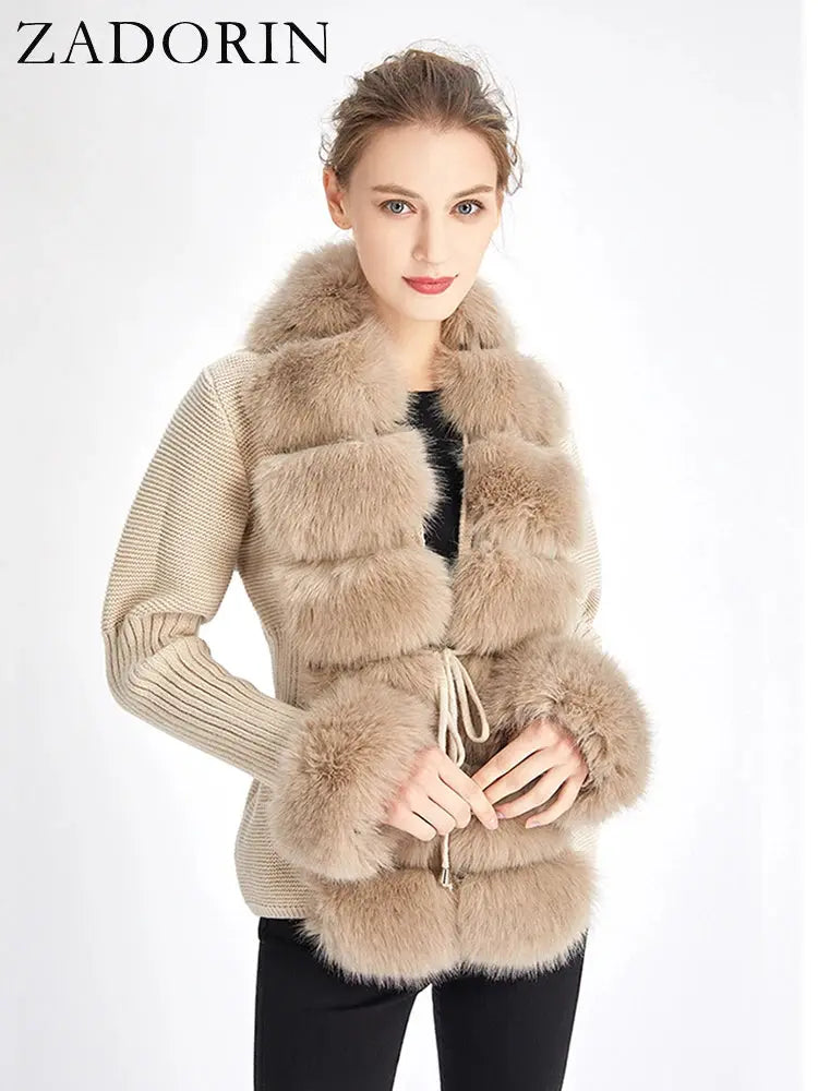 ZADORIN Fall Winter Women Faux Fur Coat Luxury Knitted Sweater Fur Cardigan Detachable Collar White Pink Jacket Faux Fur Coats ZITA LA BELLE ÉLITE
