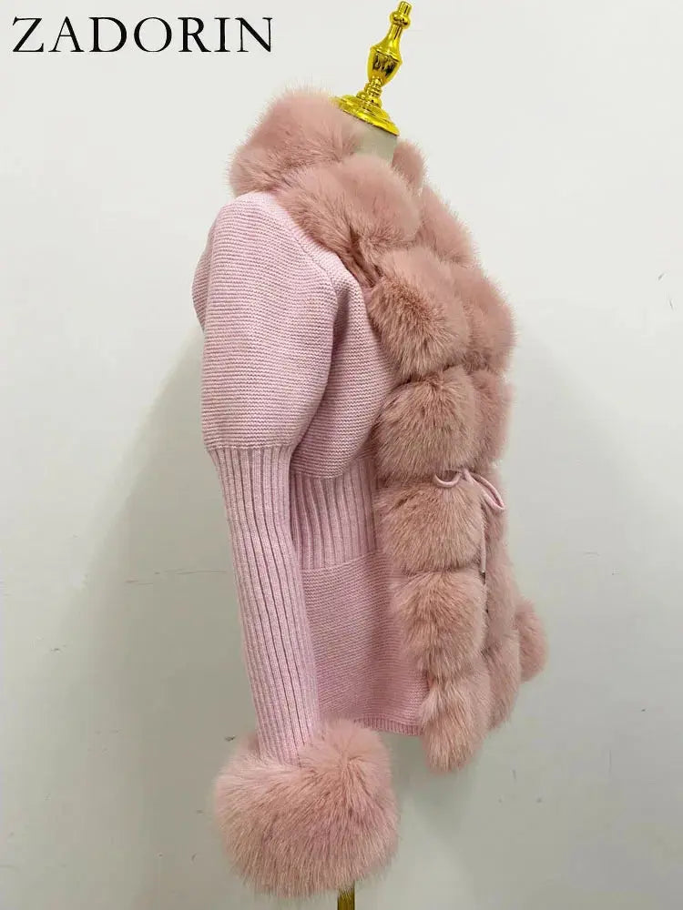ZADORIN Fall Winter Women Faux Fur Coat Luxury Knitted Sweater Fur Cardigan Detachable Collar White Pink Jacket Faux Fur Coats ZITA LA BELLE ÉLITE