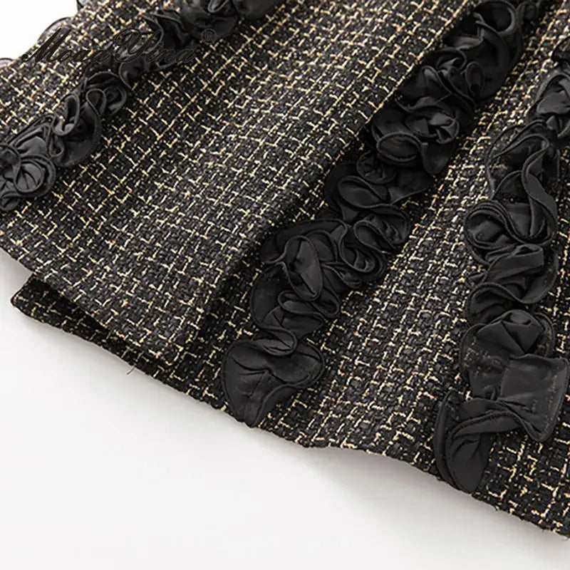 MoaaYina Winter Gray Black Coat With Grid Pattern And Double Breasted Lace Up Coat With Fungus Edge S-4XL ZITA LA BELLE ÉLITE