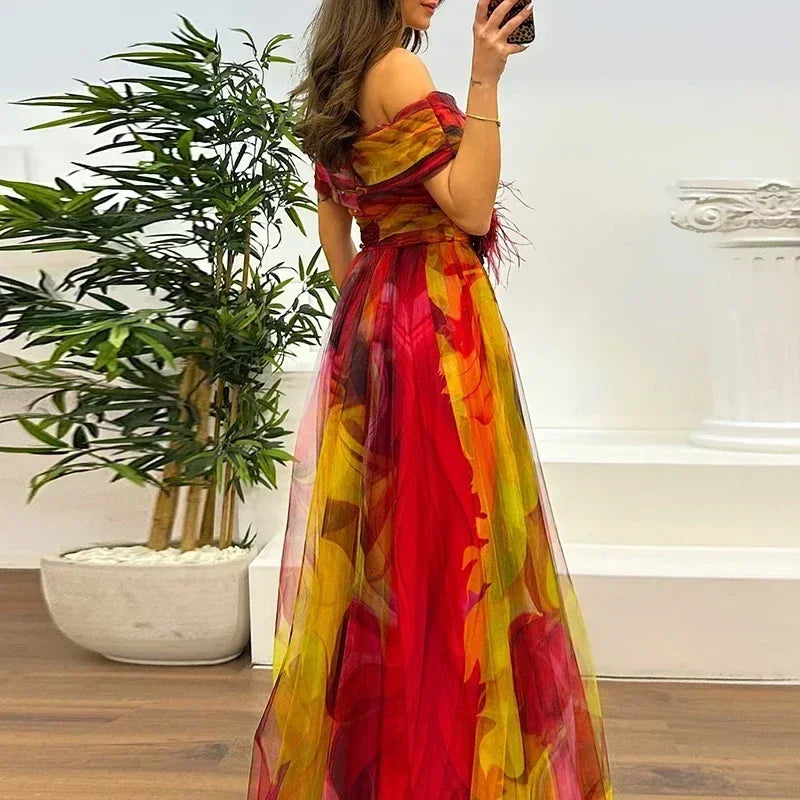 Women 2025 Pattern High Waist Party Dress Sexy Slit Mesh Cocktail Gala Dress Fashion One Shoulder Female Pleated Evening Dress