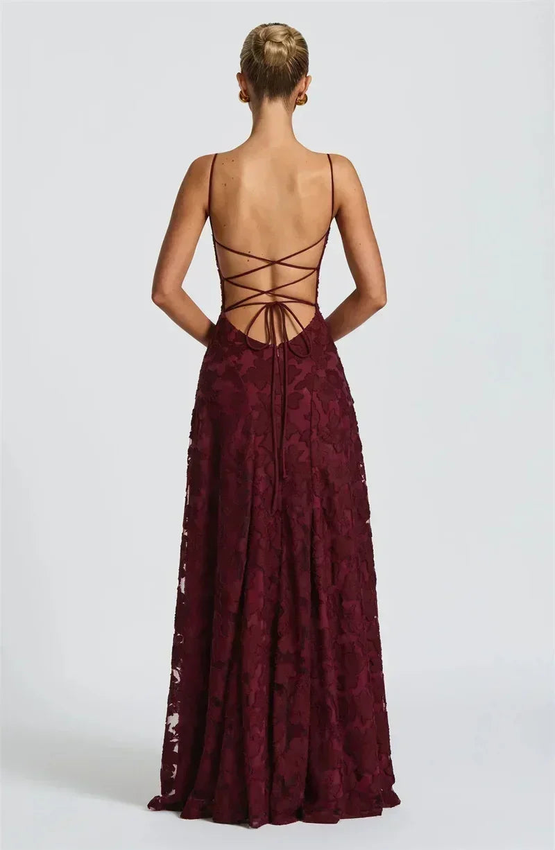 Femstylo women's backless spaghetti strap maxi dress with lace-up detail, off-shoulder, sleeveless evening gown for parties.