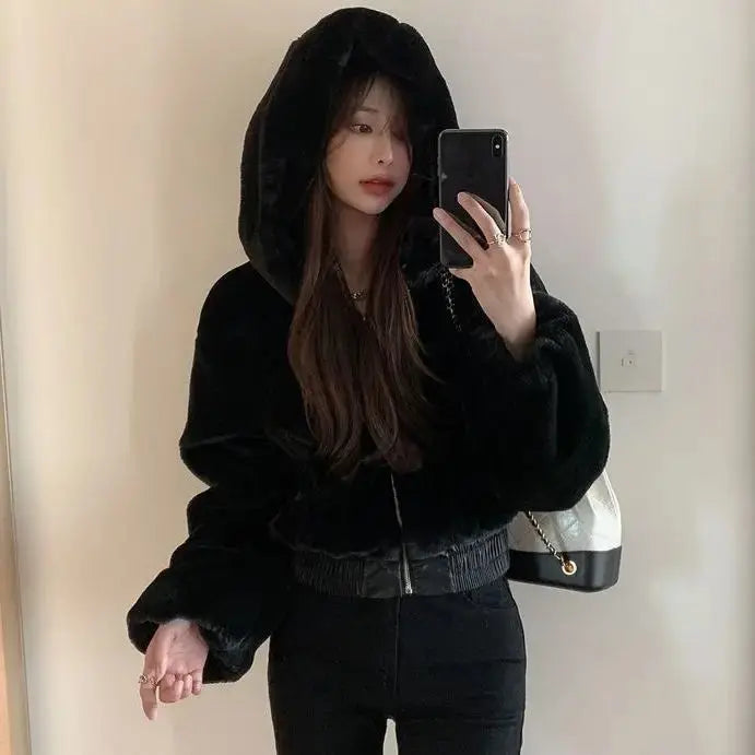 Luxury Short Faux Rabbit Fur Coat Women Crop Top Winter Thicken Warm Clothing Small Furry Hooded Faux Fur Jacket Fluffy Jackets ZITA LA BELLE ÉLITE