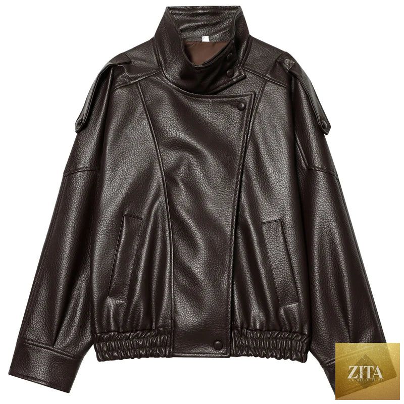 HXAO Faux Leather Black Jackets For Woman New Arrival Cropped Oversize Bomber Jacket Zip-Up Long Sleeve Coats Motorcycle Jackets