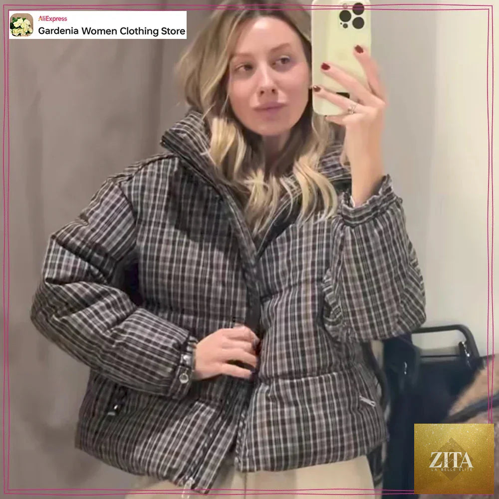 Stylish Plaid Puffer Anorak for Women Winter Brown Padded Jackets High Neck and Long Sleeves Zipper Outwears with Adjustable Hem