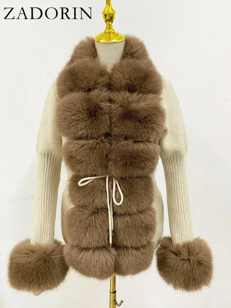 ZADORIN Fall Winter Women Faux Fur Coat Luxury Knitted Sweater Fur Cardigan Detachable Collar White Pink Jacket Faux Fur Coats ZITA LA BELLE ÉLITE