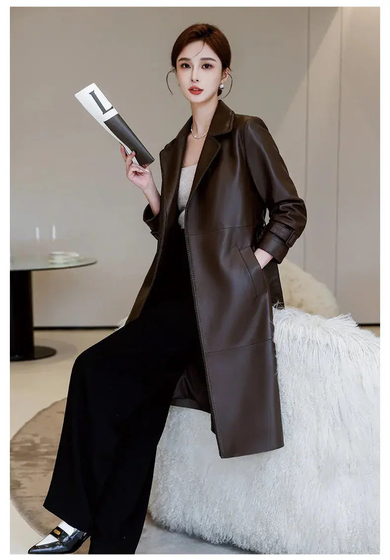 Women's Genuine Leather Trench Coat Lace-Up Long Slim Fit Spring Autumn Sheepskin Top ZITA LA BELLE ÉLITE