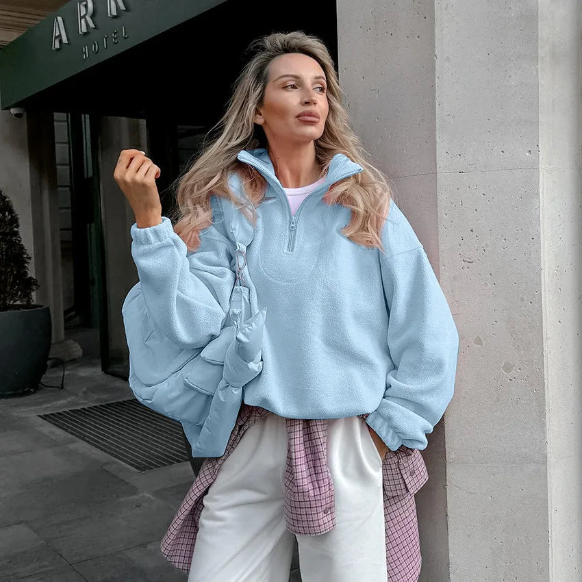 Women’s fleece hoodie by LadyShow.Store, elegant stand collar zip-up sweatshirt in solid color, casual streetwear pullover for autumn winter.