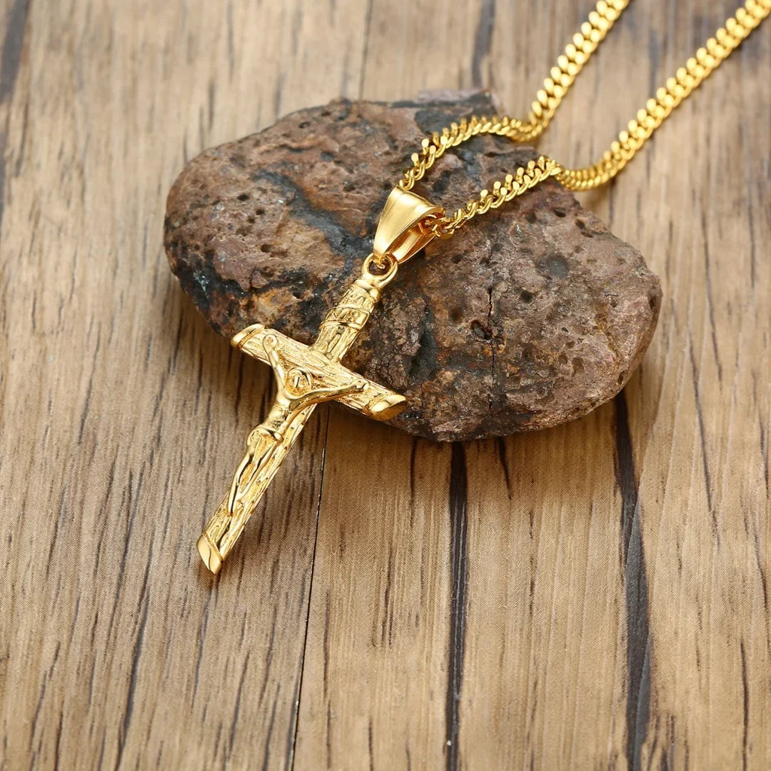 Stainless steel cross necklace with Jesus pendant in gold color, Catholic faith jewelry for men and women, prayer gift.