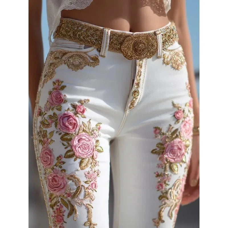 Women's European American Style Floral Print Jeans Straight Leg Casual Denim Pants