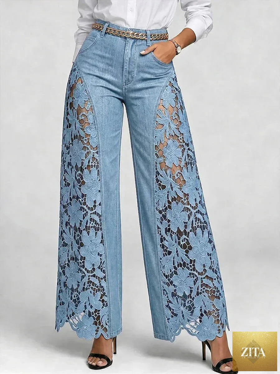 Women high waist lace spliced wide-leg denim jeans by FLIPSTYLEZLLC, showcasing flowy, casual, loose fit, and stylish design.