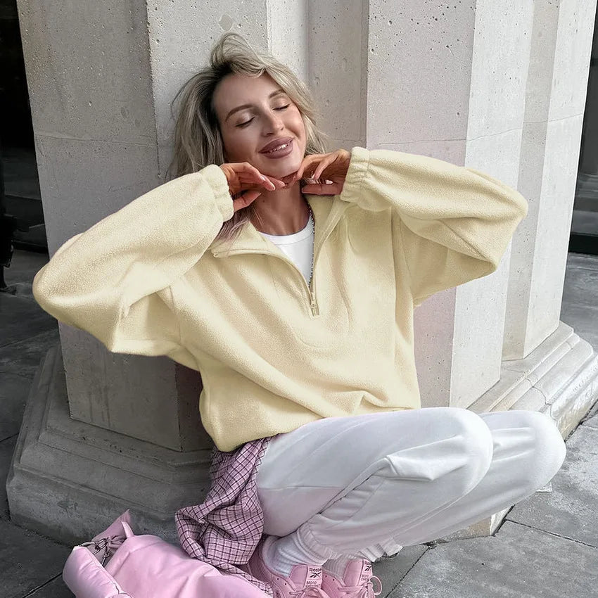 Women’s autumn winter fleece hoodie by LadyShow.Store with stand collar, zipper, loose fit, solid color, casual streetwear top.