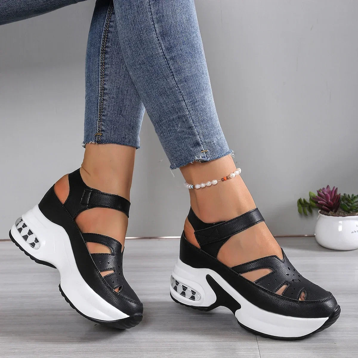 Women's closed toe wedge sandals with buckle straps, suitable for office and summer wear, by LadyShow.Store.