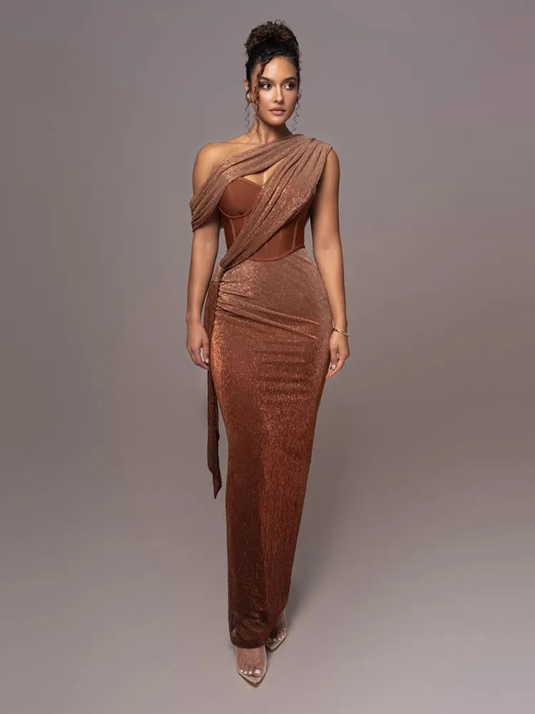 Brown one-shoulder glitter evening gown for women, backless bodycon maxi dress with draped design and sparkly details.
