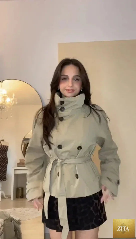 Belted Waist Cropped Trench Jackets Women Double Breasted Stand Collar Coats 2025 Autumn Chic Casual Vintage Jacket Women Cloth