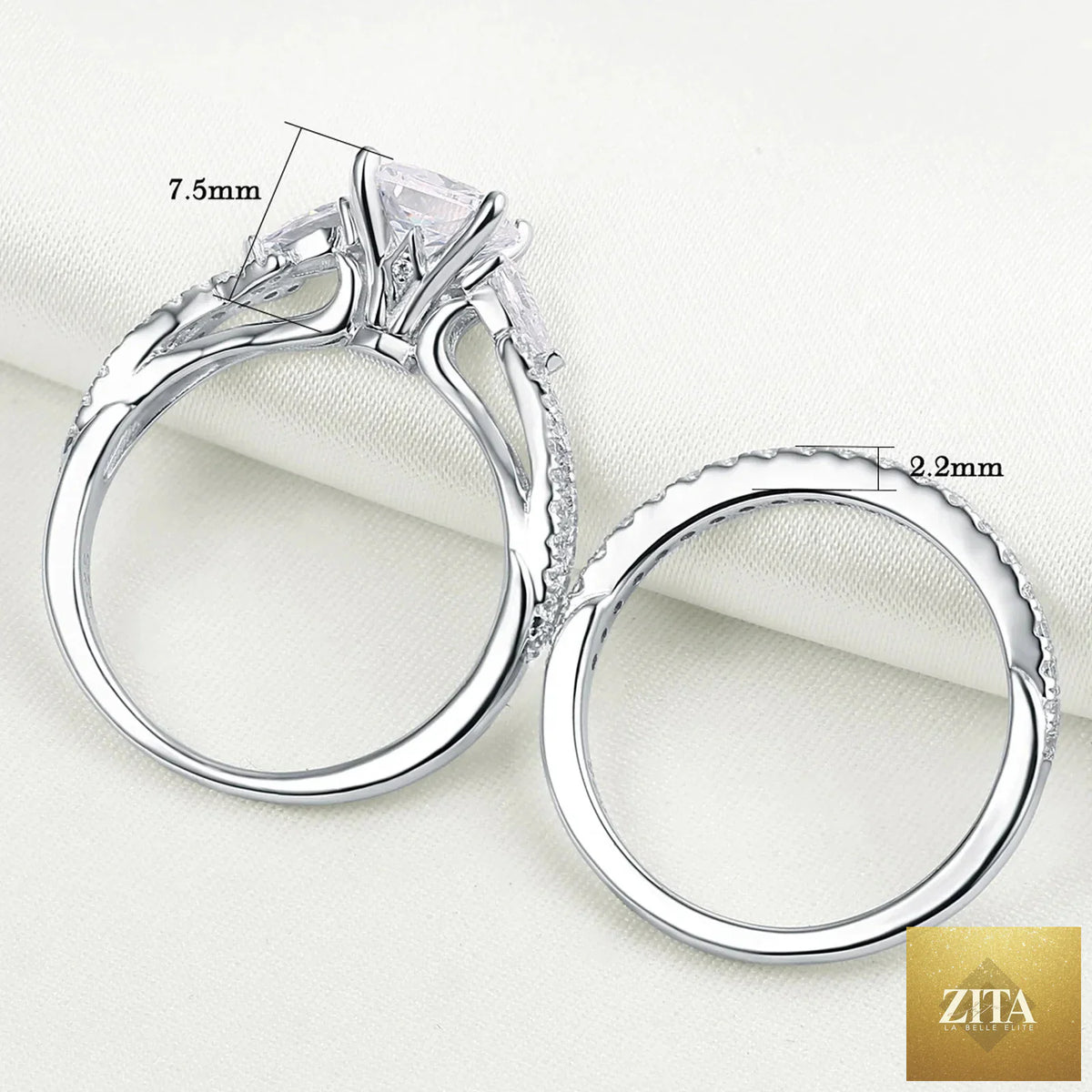 Newshe 2-piece wedding ring set in 925 sterling silver with moissanite princess and pear cut engagement rings for women.