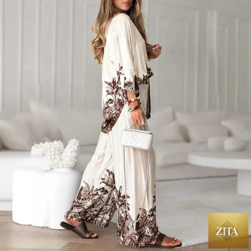 Elegant Women Loose Two Piece Set Chic Floral Print Long Sleeve Shirt Wide Leg Pants Set Bohemian Outfits Loungewear Pajamas Set