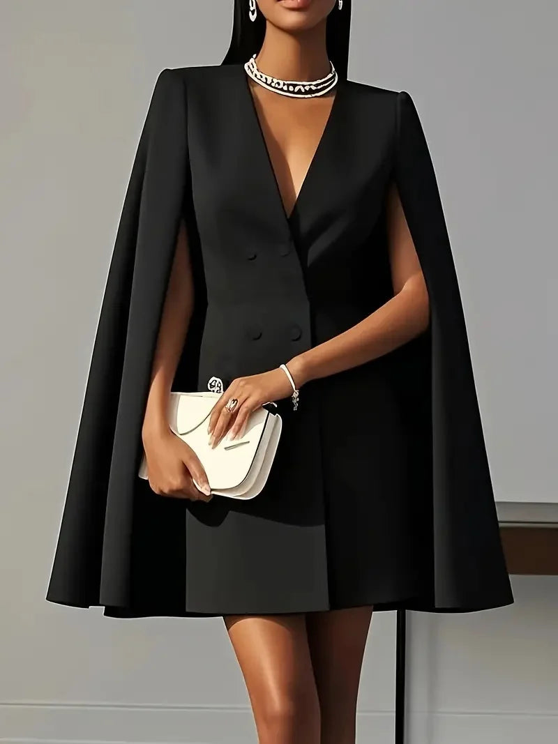 Women Midi Fashion Solid Blazers Dress Double Breasted Waist Party Dress Elegant V-neck Shawl Cape Sleeve