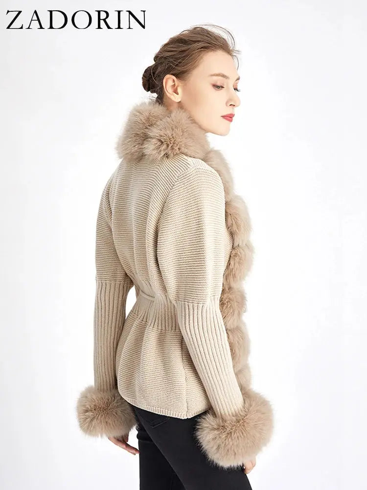 ZADORIN Fall Winter Women Faux Fur Coat Luxury Knitted Sweater Fur Cardigan Detachable Collar White Pink Jacket Faux Fur Coats ZITA LA BELLE ÉLITE
