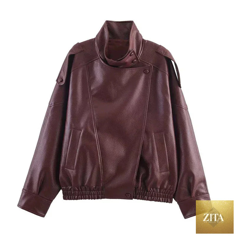 2026 Autumn Women's Faux Leather Jacket Brown Black Long Sleeve Stand Collar Thick Loose Lady Coat Fashion Motorcycle Streetwear